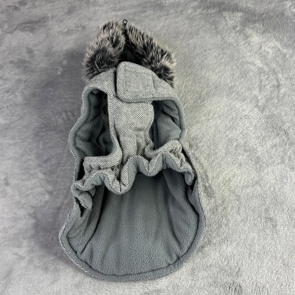 Herringbone Dog Coat Unisex Small Grey Faux Fur Hooded Fleece Lined